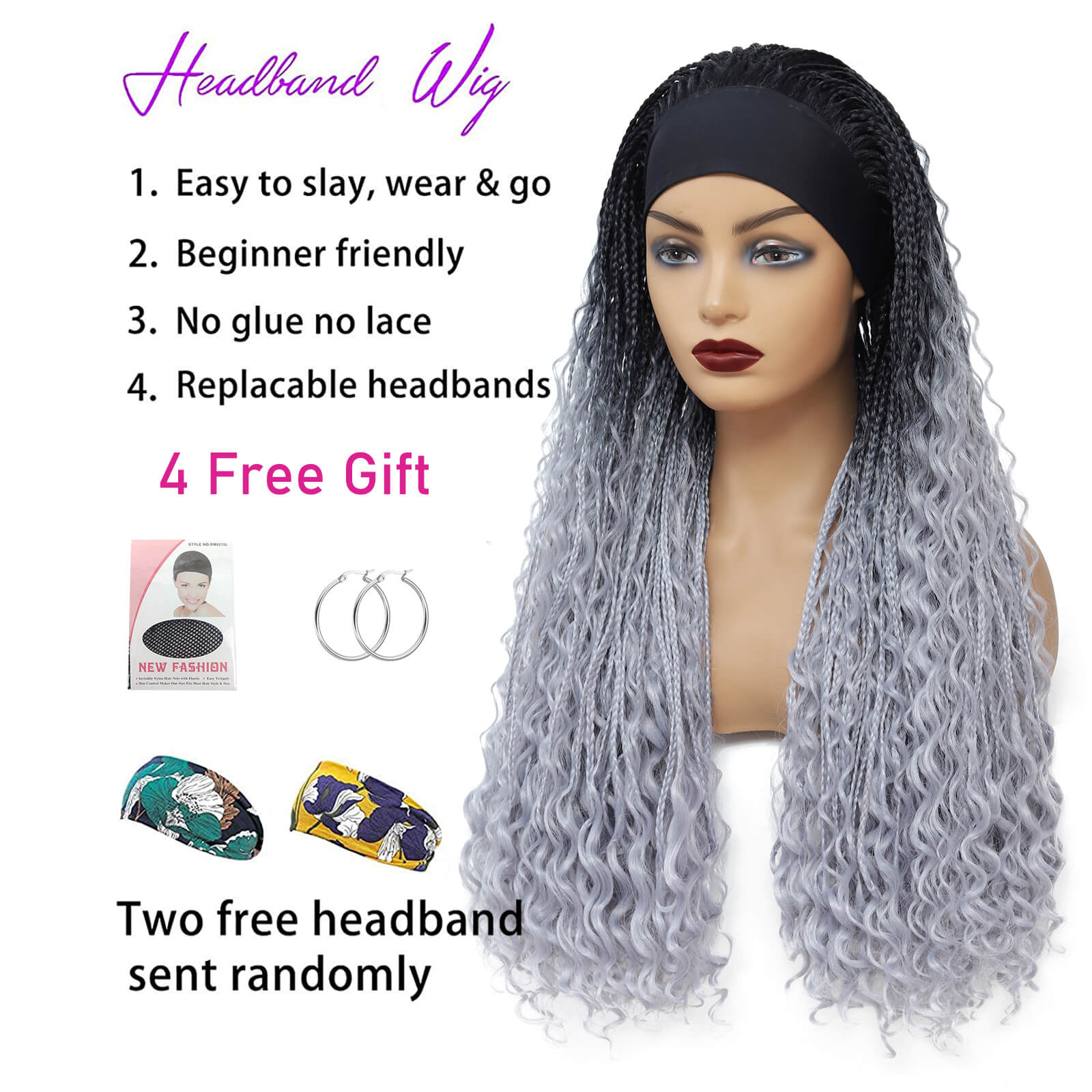 Headband Wigs Box Braided Wigs with Free Tress Ombre Grey Color