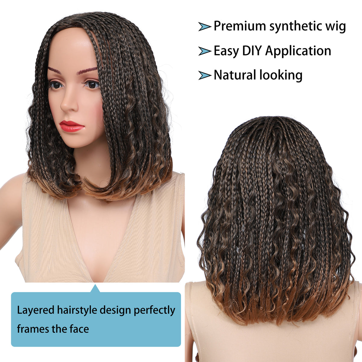 Braided Bob Wigs for Black Women Box Braids Wig with Free Tress 14 Inch Curly Goddess Box Braids Wigs #30 Brown Wig
