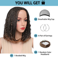 Braided Bob Wigs for Black Women Box Braids Wig with Free Tress 14 Inch Curly Goddess Box Braids Wigs #30 Brown Wig