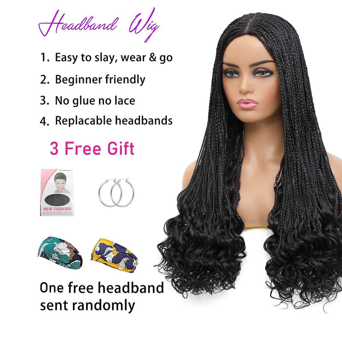 Box Braided Wigs 30' Long Micro Braids with Curly Ends Fake Scalp Wig 1b Black Color