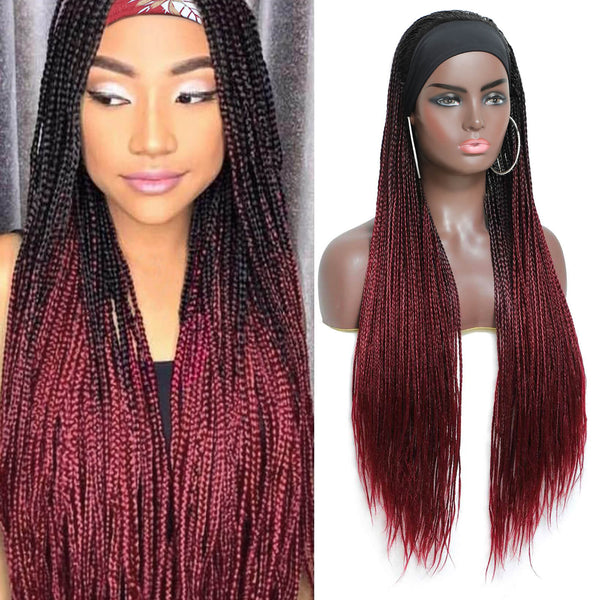 Ombre Burgundy Box Braided Headband Wigs for Black Women Micro Braids Long Wig