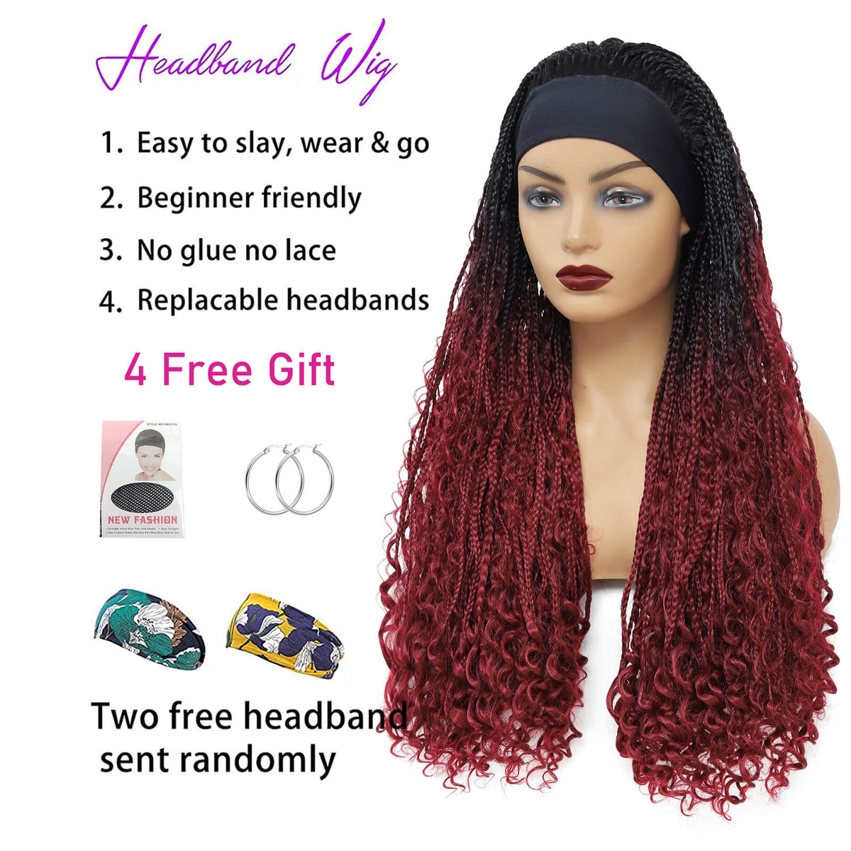Headband Wigs Box Braided Wigs with Free Tress #99j Burgundy Color –  ROSEBONY
