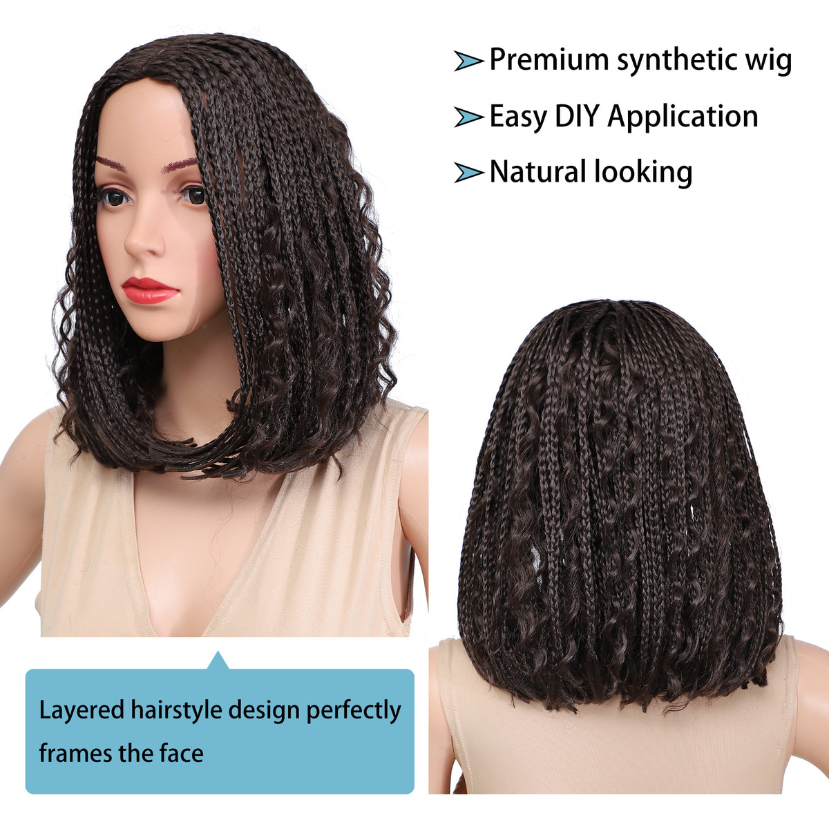 Braided Bob Wigs for Black Women Box Braids Wig with Free Tress 14 Inch Curly Goddess Box Braids Wigs #4 Black Wig