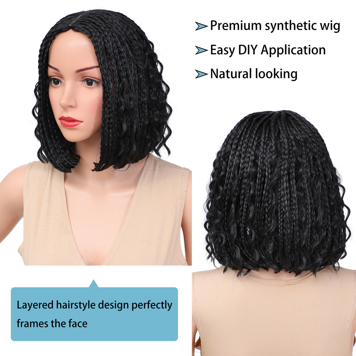 Braided Bob Wigs for Black Women Box Braids Wig with Free Tress 14 Inch Curly Goddess Box Braids Wigs