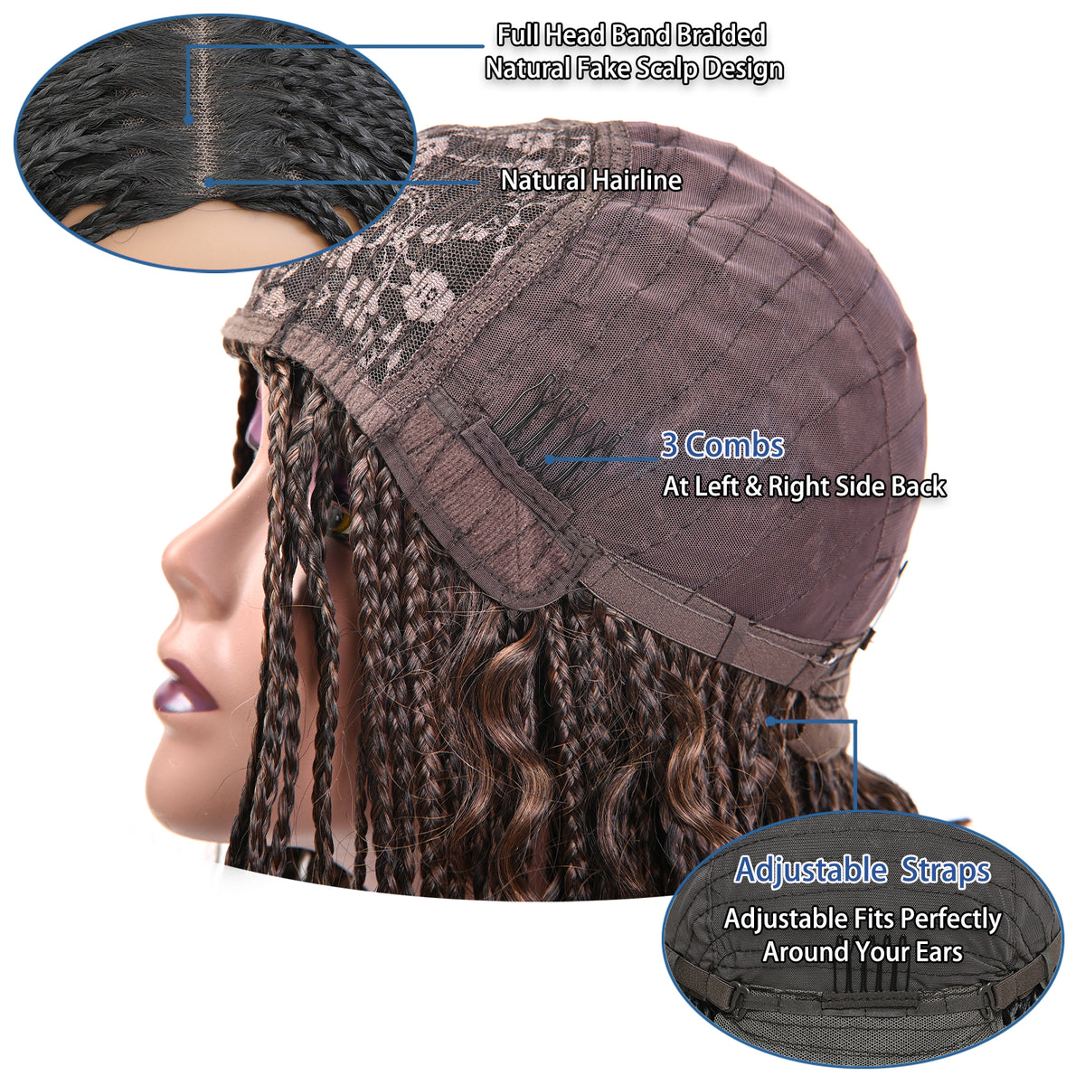 Braided Bob Wigs for Black Women Box Braids Wig with Free Tress 14 Inch Curly Goddess Box Braids Wigs #30 Brown Wig