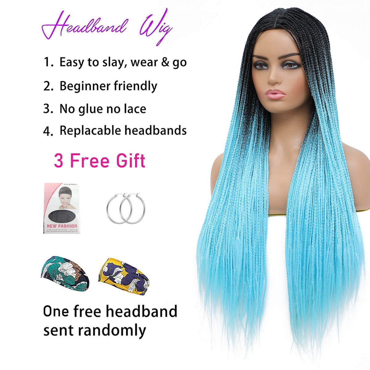 Ombre blue fully hand braided lace frontal box braids wig box