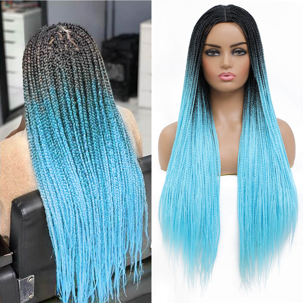 Ombre blue fully hand braided lace frontal box braids wig box