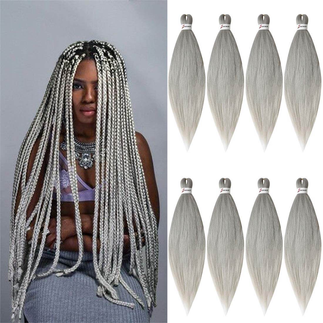  Pre Stretched Braiding Hair Ombre Black Silver Grey