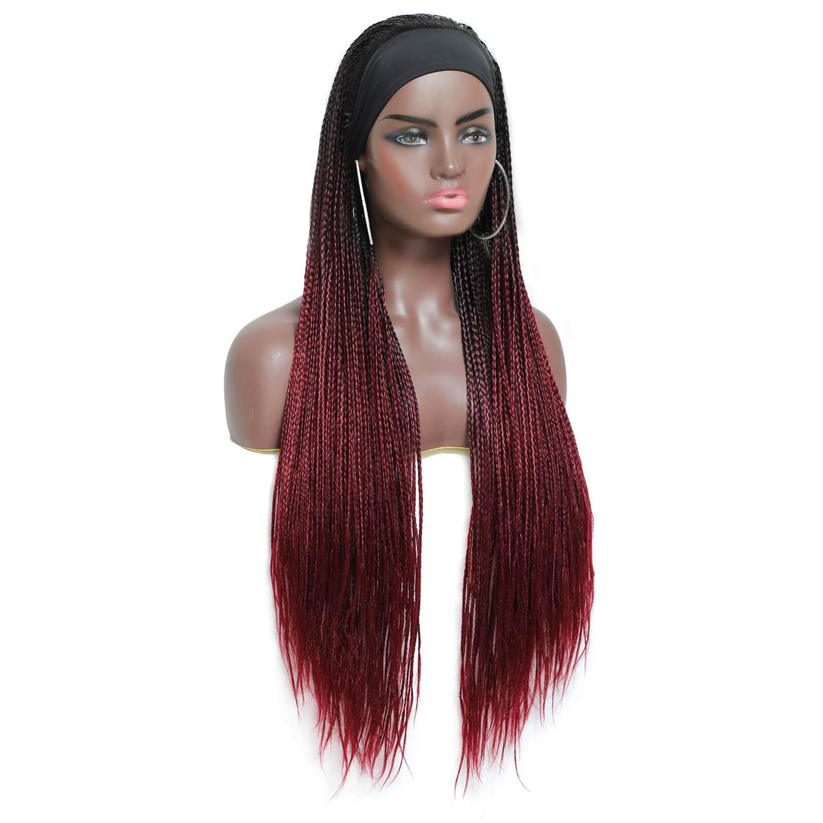 Long Braided Ombre Black Burgundy Highlight Synthetic Adjustable